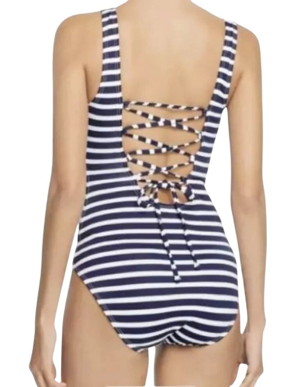 Tommy Bahama Breton Stripe Navy White Lace-Up Back One-Piece Swimsuit Size 10